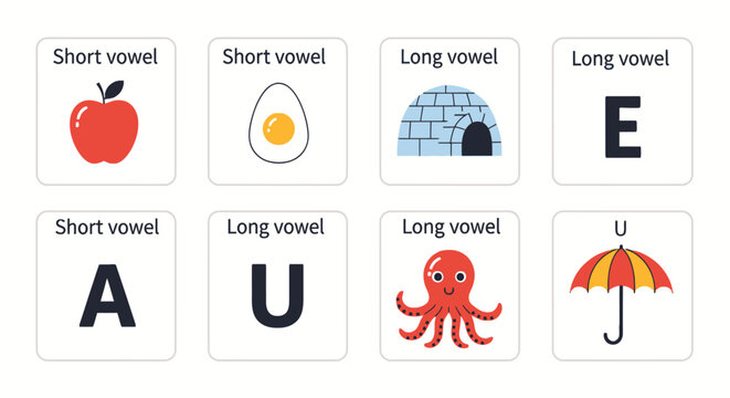 Short and long vowel phonics flashcards for kids