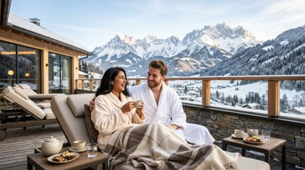 Obraz premium Couple enjoys hot drinks on a balcony with snowy mountain views