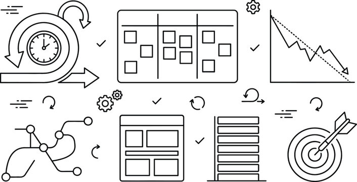 Agile scrum project management kanban board sprint burndown chart roadmap target goal workflow optimization thin line vector icons