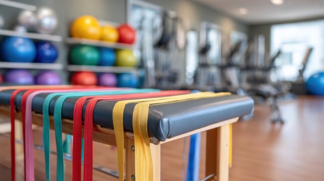 Clear focus on a therapy table equipped with resistance bands in a senior mobility gym corner against a blurred backdrop of varied exercise and balance tools.