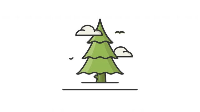 Green pine tree stands tall against black background. White clouds drift gently above the tree's crown. Small birds fly nearby, adding motion to the scene. Simple lines define the tree's shape