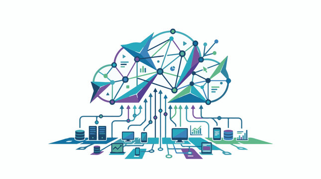 A stylized illustration of a tree-like network with devices and data flow