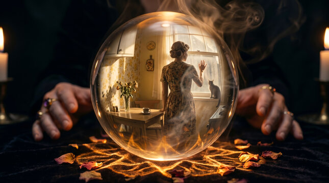 Inside a perfectly clear crystal ball a vision from the past appears &mdash; a woman in floral dress stands at a kitchen window in warm afternoon light. Esoteric divination past vision concept