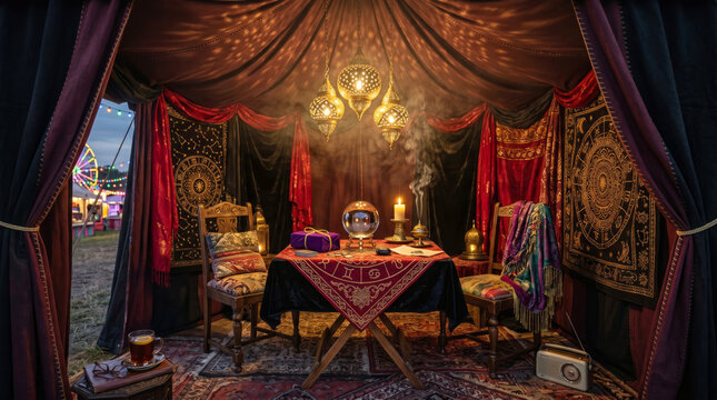 Travelling fortune teller's tent interior at a fair, three pierced brass Moroccan lanterns casting intricate geometric light patterns across deep red silk and black velvet walls, crystal ball on table