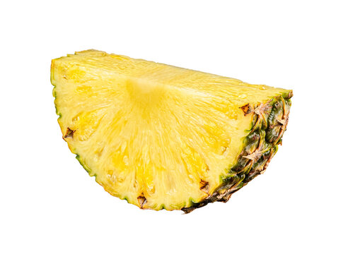 Juicy and vibrant pineapple wedge, showcasing its delicious yellow flesh and textured rind, a tropical fruit photograph.