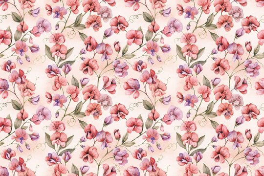 Repeating watercolor surface pattern featuring clusters of sweet pea flowers in shades of pink and purple with green foliage on cream