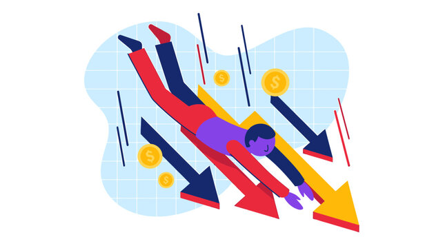 Man falling down with arrows and coins symbolizing financial decline.