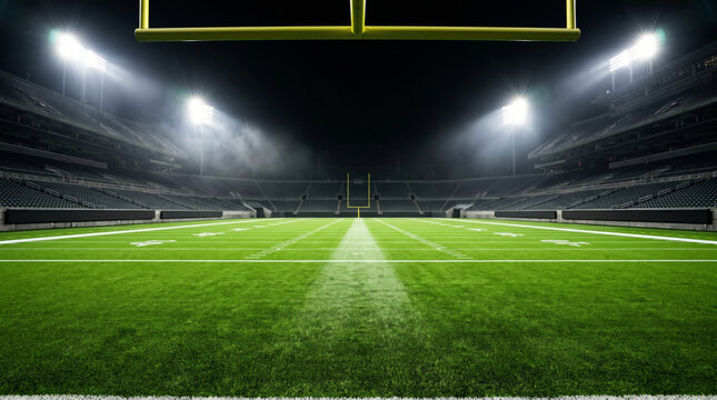 An empty American football stadium at night from inside the end zone looking the full length of the field, the turf blazing vivid green under four massive floodlight towers. Sports stadium empty arena