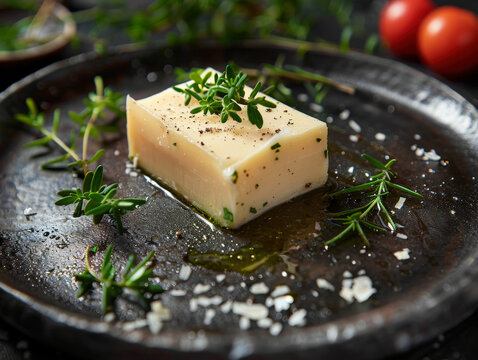 Piece of butter in shape of parallelepiped began to melt in hot frying cast iron pan with dark non-stick surface. Rosemary. Minimalist food art, geometric shape, melting process, clear composition