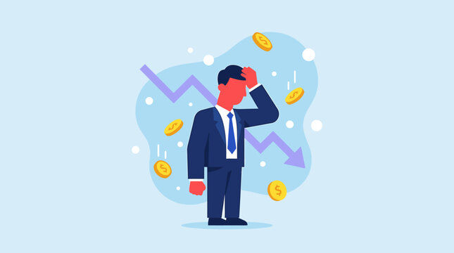Businessman experiencing financial loss and market downturn.