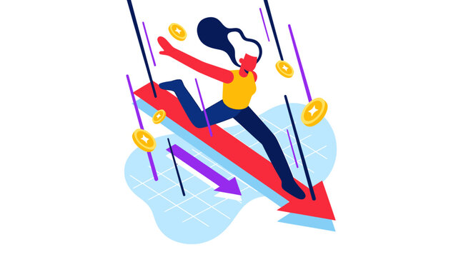 Woman sliding down a red arrow with falling coins, symbolizing financial decline.
