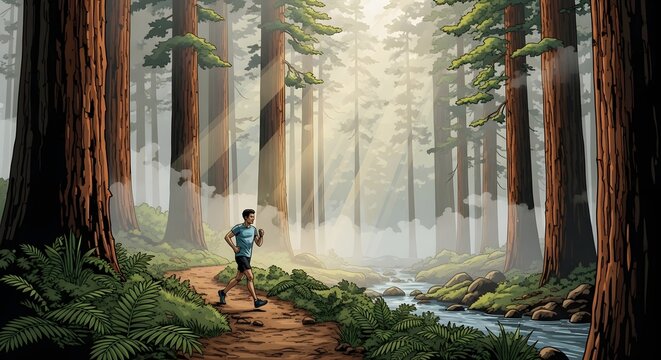 Runner jogs along a narrow dirt path through a dense redwood forest with soft morning light filtering through the trees.