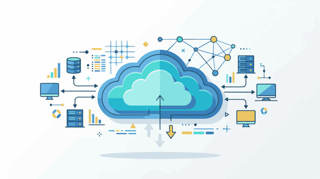 A stylized blue cloud surrounded by various icons representing data storage and transfer