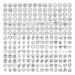 Minimalist emoji line icons set, 225 outline emoticons and social media symbols vector, black stroke facial expressions and UI elements © Naveed Graphics