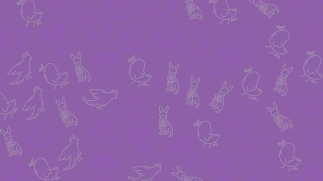 Purple background with whimsical bird and rabbit outlines. Simple, playful lines evoke charm and lightness. Perfect for children's themes or soft branding. Ideal for greeting cards