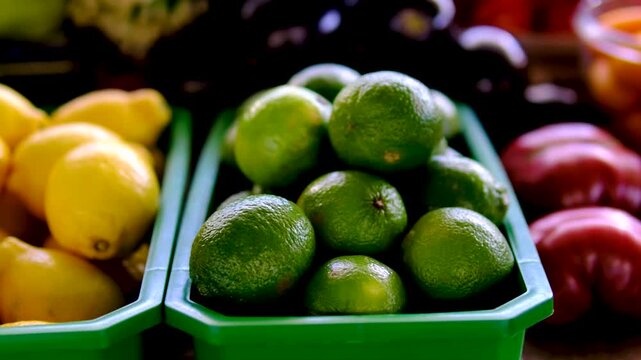 lime and lemon in a green container at the market among other vegetables for sale nicely displayed at the market