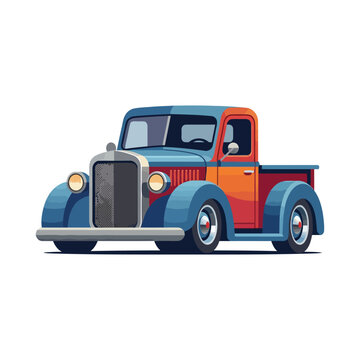 Retro Blue and Orange Pickup Truck, Vintage Cartoon Style, Isolated
