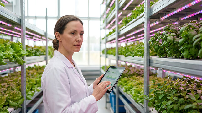Serious female agronomist in white lab coat using tablet computer to monitor organic herb growth in multi level hydroponic shelf system inside modern high tech facility greenhouse.