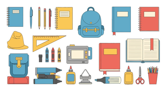 Collection of school supplies and stationery items