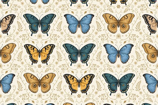 Repeating pattern of colorful butterflies in blue, yellow, and brown tones with intricate golden swirling filigree lines on a cream background