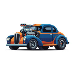 Fototapeta premium Retro Hot Rod Car with Supercharger, Blue and Orange Vintage Automobile