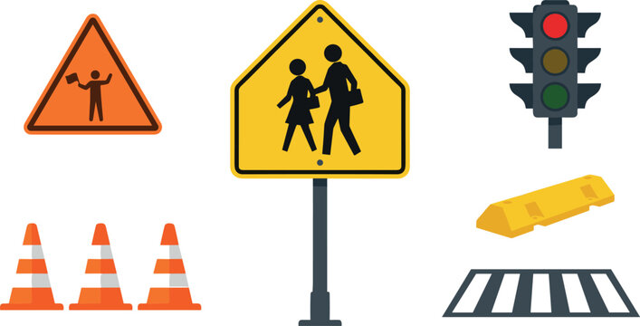 Traffic Safety and Road Sign Vector Illustration Set with School Crossing Sign, Traffic Light, Construction Flagger, Cones, and Speed Bump Elements,
