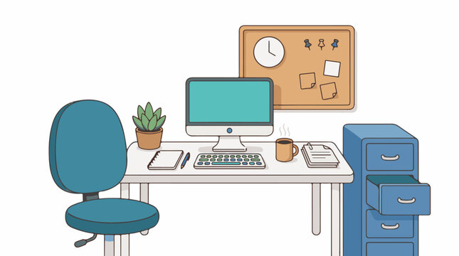 A computer on a desk with a chair, plant, and office supplies