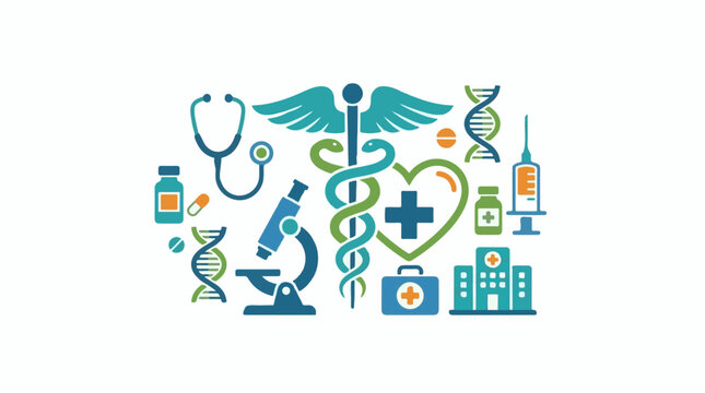 A colorful arrangement of medical symbols on a white background