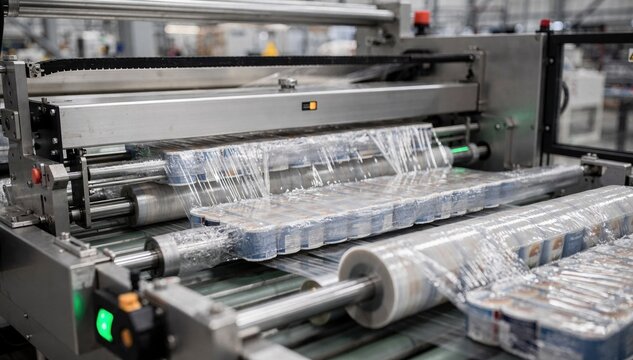 Closeup medium shot of a flowwrapping line producing multipacks highlighting synchronized sealing and wrapping processes on an industrial scale.