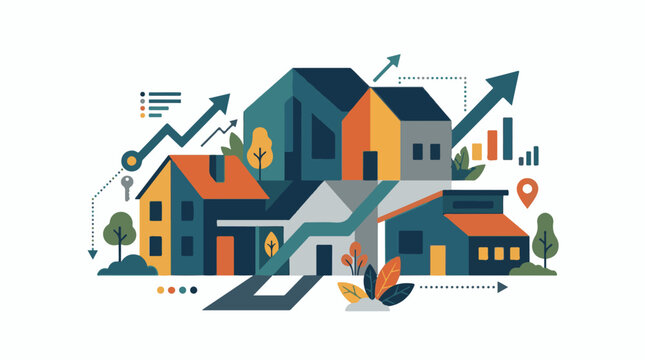 Colorful illustration of growing neighborhood with houses, trees, and rising graphs