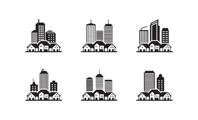 Obraz premium Urban landscape development concept featuring tall city skyscrapers and residential houses.