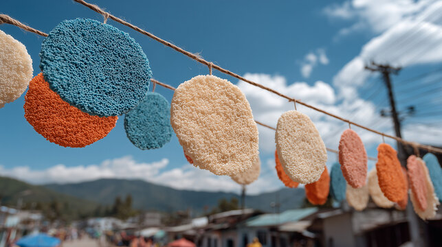 Vibrant Pahiyas Festival decorations hang against a clear blue sky with mountains