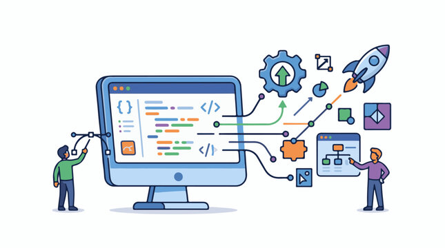 Illustration of two programmers collaborating on software development with a computer