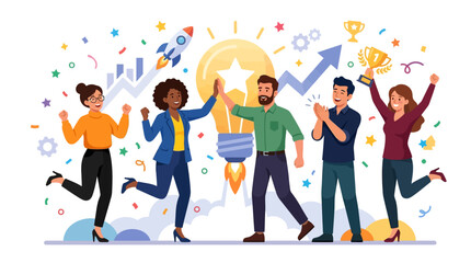 Obraz premium Diverse team celebrating successful startup launch with big idea bulb