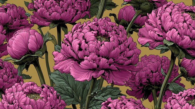 
Seamless vibrant botanical pattern with outlined light pink peony flowers, subtle yellow flower center details, bold black contour lines, outlined green leaves and stalks, dense all-over print on sol
