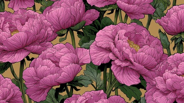 
Seamless vibrant botanical pattern with outlined light pink peony flowers, subtle yellow flower center details, bold black contour lines, outlined green leaves and stalks, dense all-over print on sol