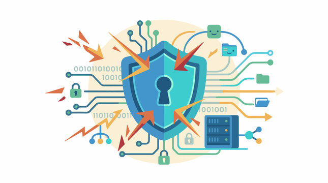A blue shield with a keyhole surrounded by colorful circuit lines and icons
