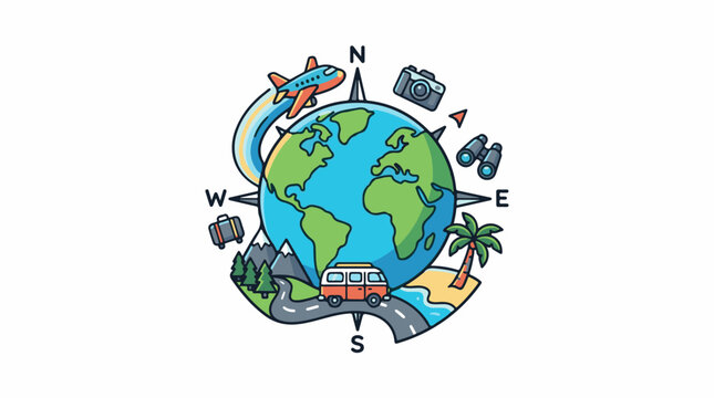 A colorful illustration of a globe with a compass and travel-related icons