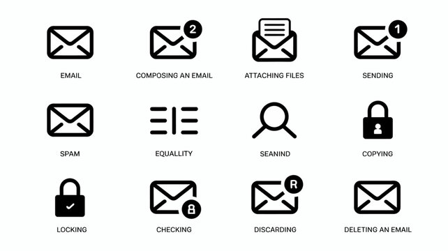 Collection Of Flat Black Email And Security Related Icons On A White Background mail message inbox outgoing composing attaching