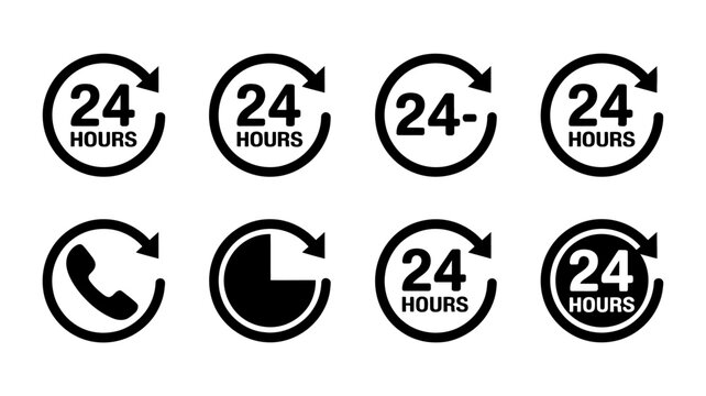 Twenty four Hours And Customer Service Icons Flat Black Symbols On A White Background 24 hour around clock availability assistance call