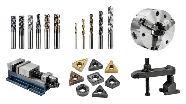 Assorted metalworking tools including drill bits, end mills, indexable inserts, a three-jaw lathe chuck, machine vise and clamping fixture on a transparent background
