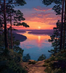 Fototapeta premium colorful sunset in natural landscape with rocks and trees by lake in summer illustration