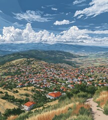 Fototapeta premium village with little houses between mountains in summer illustration