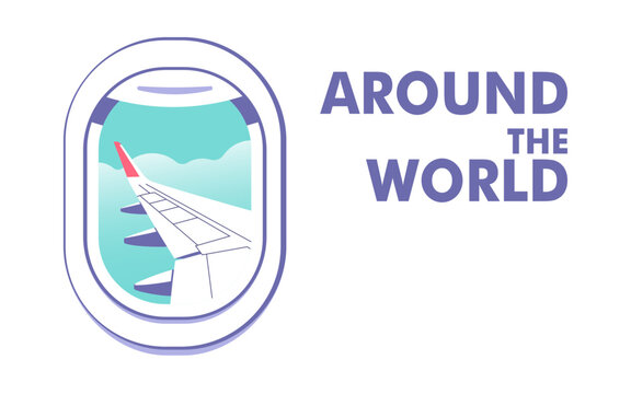 View through the porthole of aircraft. Travel, journey concept. Perfect background on the theme of season vacation, weekend. Vector illustration in minimalistic style.