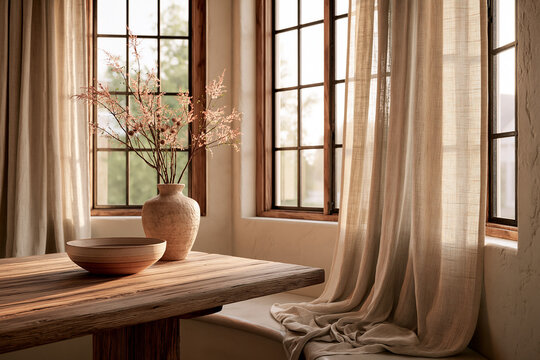 Neutral toned dining nook with wooden table, linen curtains and ceramic bowl centrepiece 