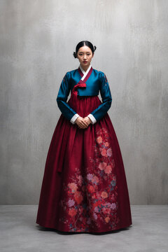 전통 한복을 입은 젊은 여성이 회색 스튜디오 배경 앞에 단정한 자세로 서 있는 인물 사진. 청록색 저고리와 붉은 치마, 꽃무늬 자수가 조화를 이루는 현대적인 한복 패션 이미지