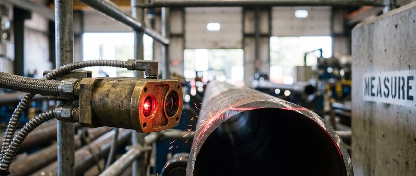Laser scanning steel pipe manufacturing during automated quality control inspection in a modern factory setting, featuring high-precision measuring sensor, red beam, and sparks in heavy industry.