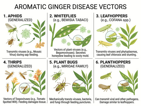 Ginger disease vectors infographic showing various insect pests like aphids whiteflies and thrips that transmit plant viruses in agricultural farming fields