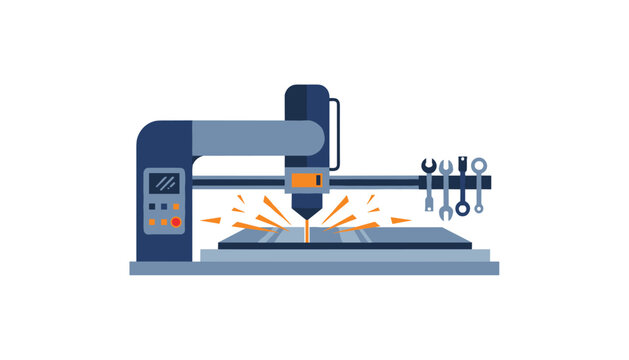 Computer numerical control laser cutting machine works on a metal sheet in an industrial workshop environment surrounded by mechanical hand tools.