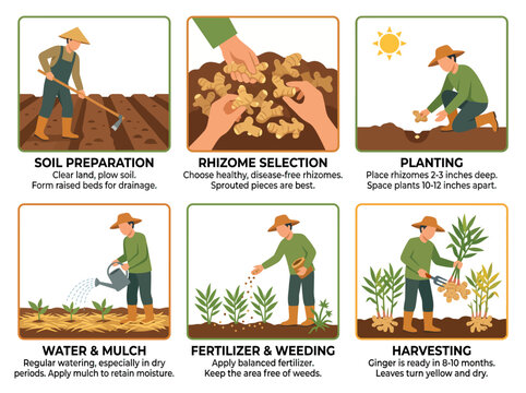 Ginger cultivation infographic showing the step by step process from soil preparation and planting to watering and harvesting organic crops